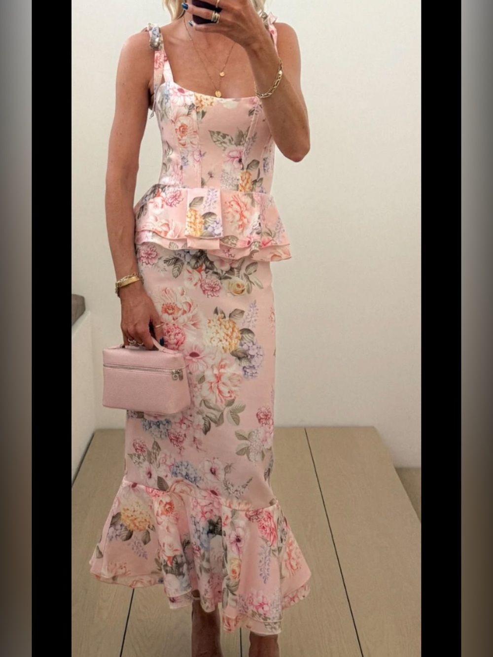 Show Me Your Mumu Pauline Peplum Dress in Powder Pink Blooms Tafetta